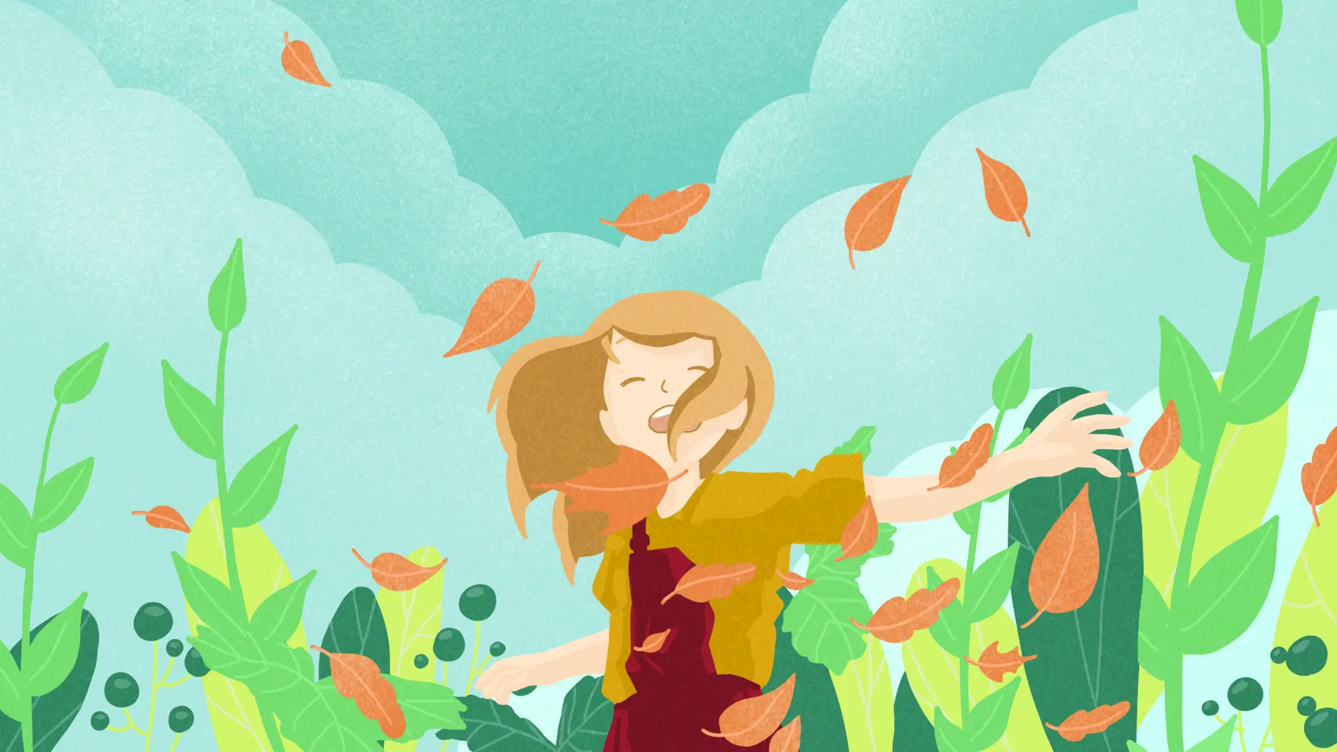 fillette qui danse au milieu des feuilles